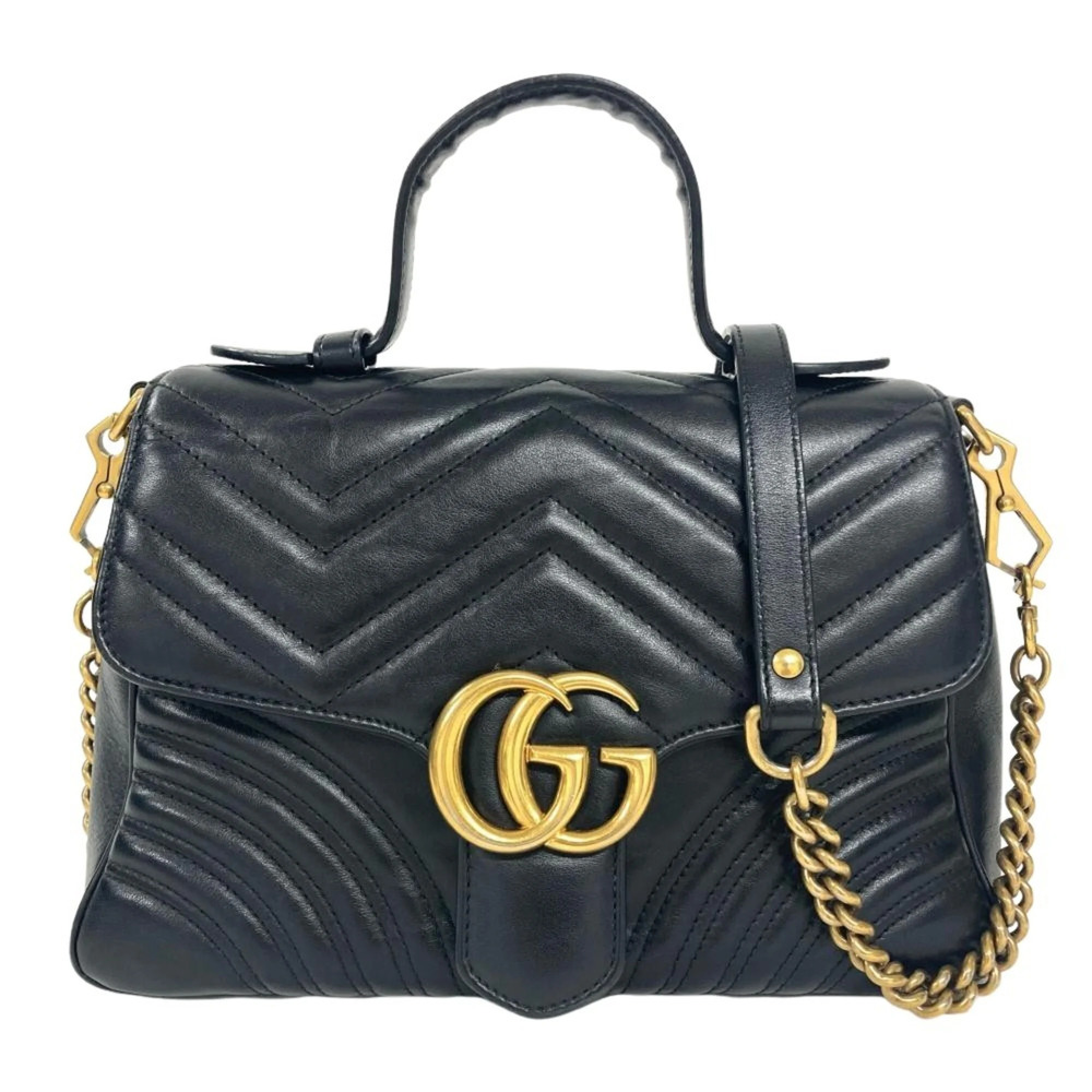 Gucci GG Marmont Small Top Handbag Shoulder Bag Leather 498110 Black Gold Har...